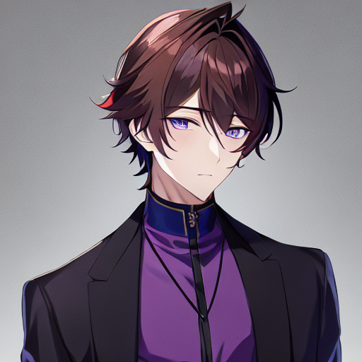 一个帅气男孩动漫肖像,棕色的头发,蓝紫色的眼睛,黑色夹克